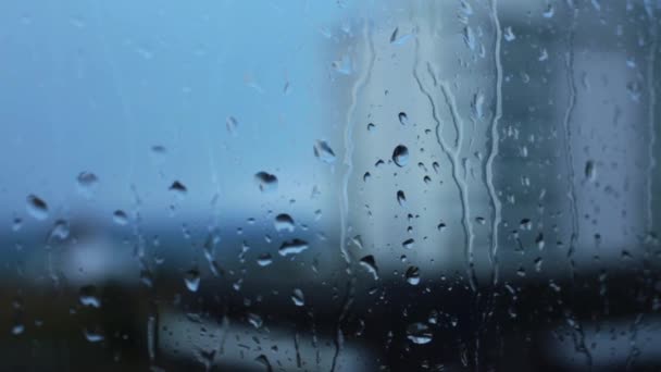 Rain water drops falling down on the window blue glass. drops on glass surface. Water drops falling. Raining weather. — Stock Video