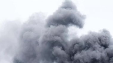 Yangından yükselen gri dumandan oluşan bir sütunun havadan görünüşü. Doğal afet, atmosfer kirliliği. hava emisyonları.