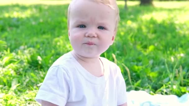 Portrait de petit garçon blond caucasien mignon jouant à l'extérieur dans l'herbe du parc. concept d'enfance heureuse — Video