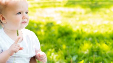 Güneşli bir yaz gününde parktaki yeşil çimlerin üzerinde battaniyenin üzerinde oturan bir erkek bebeğin portresi. Çocuklarla yürüme kavramı