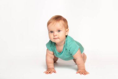 Beyaz stüdyo zemininde tatlı, küçük, beyaz, beyaz bir oğlan çocuğu emekliyor. Yeşil tişört giyen gülümseyen küçük çocuk dünyayı keşfediyor. Çocuk bakımı ve yetiştirme konsepti.