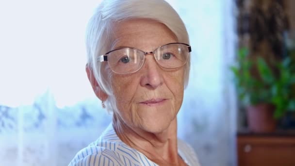 Primer plano sonriente hermoso retrato de anciana mirando en cámara con la cara feliz sentado en la sala de estar en su casa en sillón. Mujer mayor posando en la cámara. anciana sana. Movimiento lento — Vídeo de stock