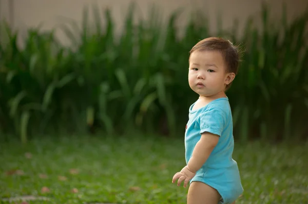 Year Old Chinese Asian Boy Having Fun Blue Rompers — Stock Photo, Image