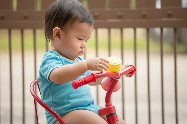 Year Old Chinese Boy Riding Red Bicycle Rompers — Stock Photo, Image