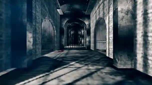 Griezelig Spookachtige Gevangenisgang Met Rook Bloedspatten Enge Schaduwen — Stockvideo