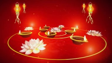 Renkli havai fişekler, parlayan ışıklar, yükselen parçacıklar, yanan gaz lambaları ve nilüfer çiçekleri mesajınız için boş bir alanda dönen bir platformda kusursuz bir döngü içinde..