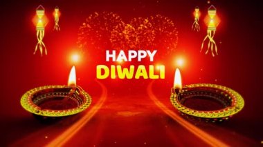 Renkli havai fişekler, yarış ışıkları, yükselen parçacıklar ve Mutlu Diwali yazısıyla yanan lambalar.