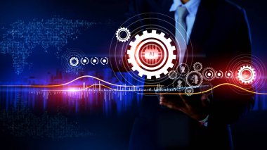 Yapay zeka teknolojisi konsepti. Şehir ve hareketli dünya haritasıyla çevrili ikonla dönen dişliler