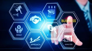 İş Altıgen Dokunmatik Ekran Altıgen Sanal Dokunmatik Ekran Konsepti v erkeğinin ekrana parmak ve ışık çizgisi ile dokunuşu