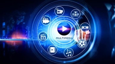 Şehir merkeziyle çevrili simgesi olan çokluortam Simgesi Dönen Tekerleği Konsepti