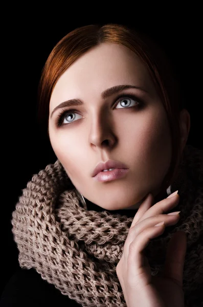 Portrait of a girl in a scarf-snood large knitted — Stock Photo, Image