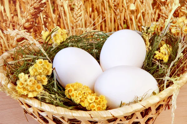 Œufs de poulet dans un panier en osier avec du foin — Photo