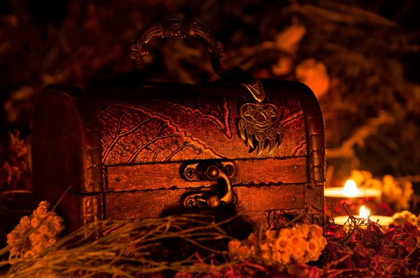 Cômoda mágica em gramíneas secas à luz de velas — Fotografia de Stock