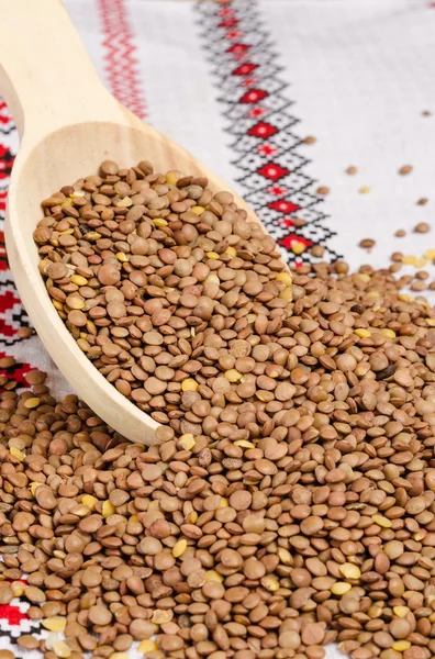 Grains de lentilles avec une cuillère en bois sur un tissu blanc aux motifs ethniques — Photo