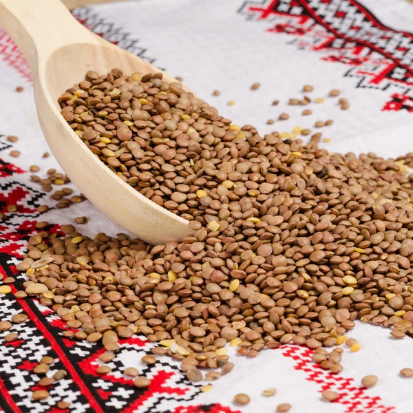 Grains de lentilles avec une cuillère en bois sur un tissu blanc aux motifs ethniques — Photo