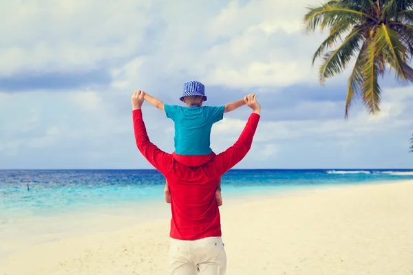 Vader en zoontje spelen op sky bij strand — Stockfoto