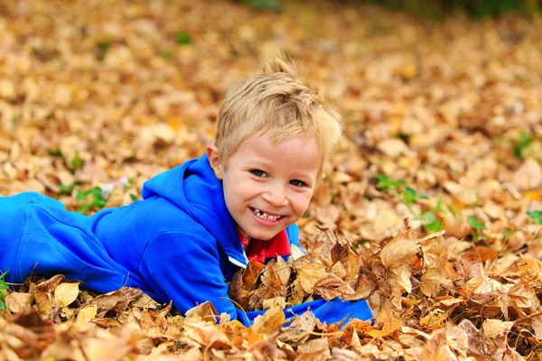 Garçon avoir amusant en automne feuilles — Photo