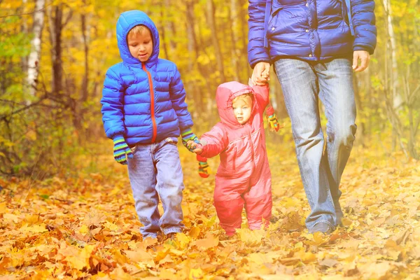 Pai com pequeno filho e filha andando no outono — Fotografia de Stock