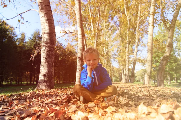 Liten pojke spela med blad på hösten faller — Stockfoto