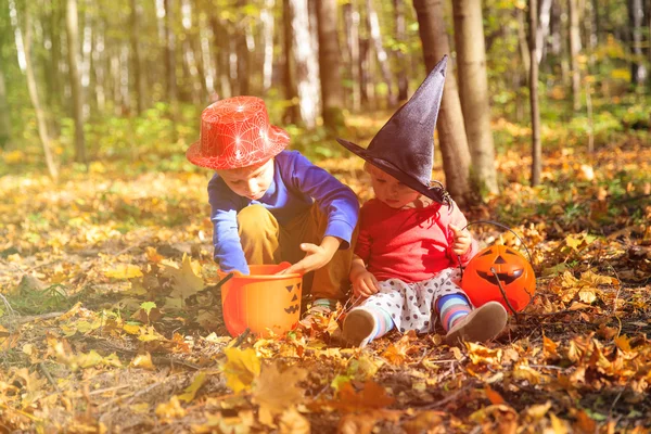 Niños en el juego de disfraces de Halloween en el parque de otoño, truco o trato —  Fotos de Stock