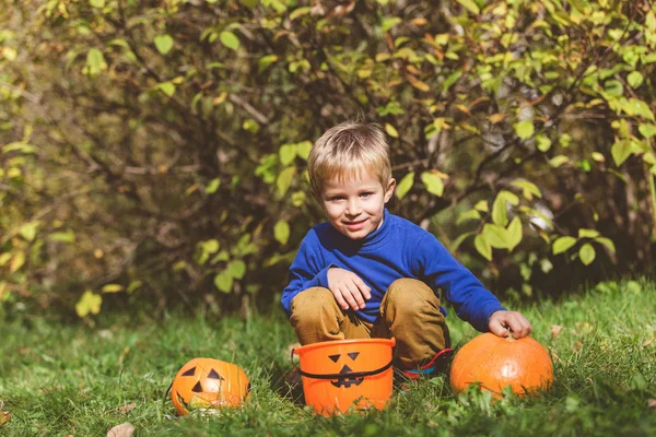 Anak kecil bermain dengan mainan halloween di musim gugur, trik anak-anak atau mengobati — Stok Foto