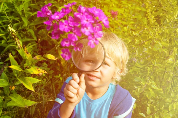 Kleiner Junge erkundet Blumen im Garten mit Lupe — Stockfoto