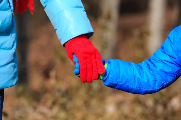 Sonbahar doğada oğlunun elini tutarak anne — Stok fotoğraf