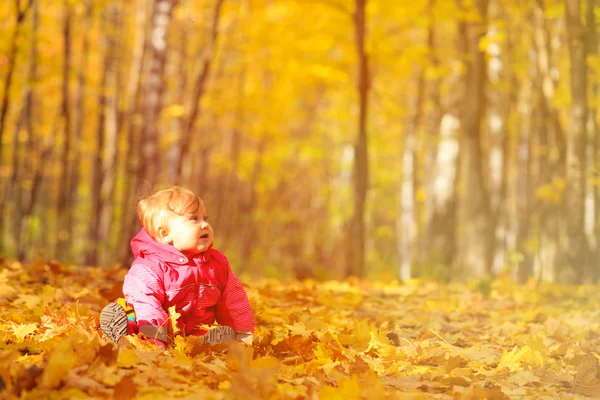 Happy cute gadis kecil di daun musim gugur — Stok Foto