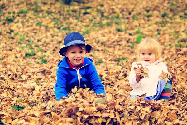 Cute little boy and girl playing in autumn — Stock Photo, Image