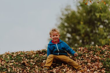 küçük çocuk sonbahar yaprakları ile oynamak