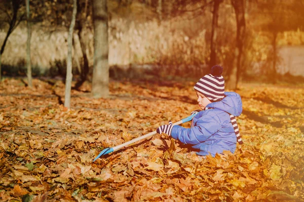 Маленький мальчик играет с листьями осенью — стоковое фото