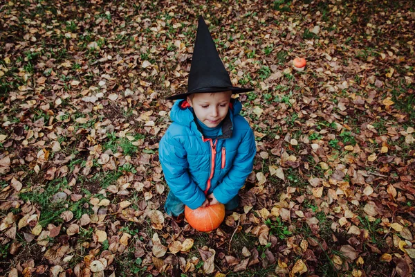 Liten pojke i halloween-kostym i höst — Stockfoto