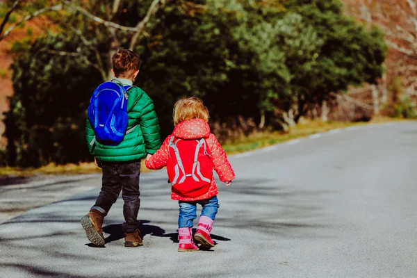 Barn går i skolan - bror och syster med ryggsäckar gå på vägen — Stockfoto