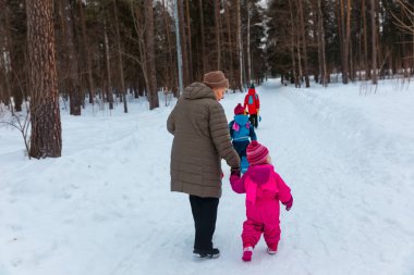 Çocuklu büyükanne kışın doğa yürüyüşü yapar.