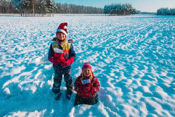 Glückliche Kinder mit Weihnachtsgeschenken in der winterlichen Natur — Stockfoto
