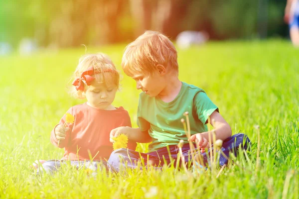 Dos niños jugando con dientes de león sobre hierba verde — Foto de Stock