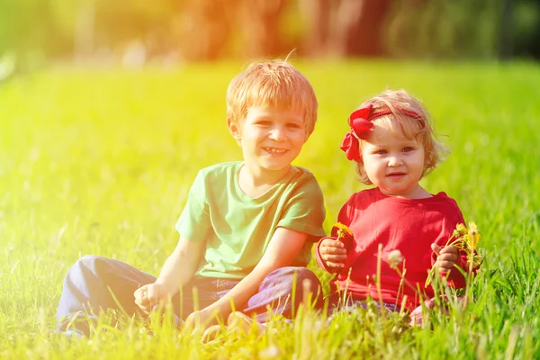 Dua anak bermain dengan dandelion di rumput hijau — Stok Foto