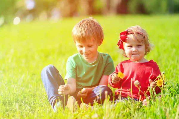 Dos niños jugando con dientes de león sobre hierba verde — Foto de Stock