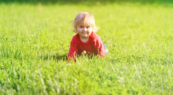 Linda niña aprendiendo a gatear en el césped de verano — Foto de Stock