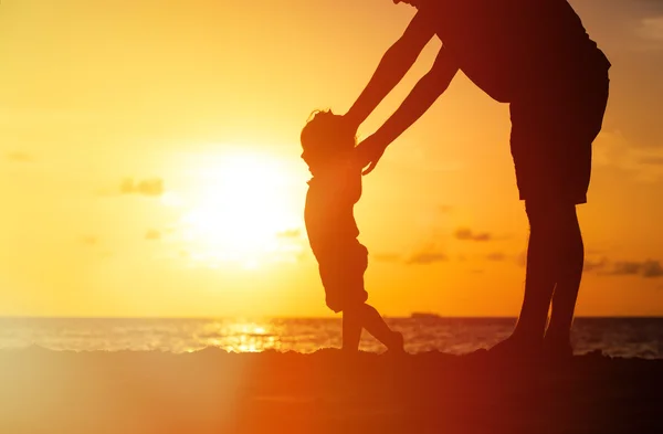 Silhouet van vader en kleine dochter bij zonsondergang — Stockfoto