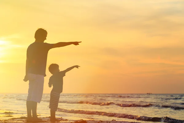 Батько і син на пляжі заходу сонця — стокове фото