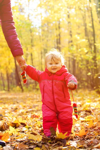 Madre cogida de la mano de linda hijita en otoño — Foto de Stock