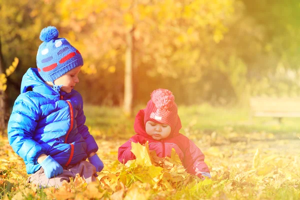 Cute anak laki-laki dan gadis bermain di musim gugur jatuh — Stok Foto