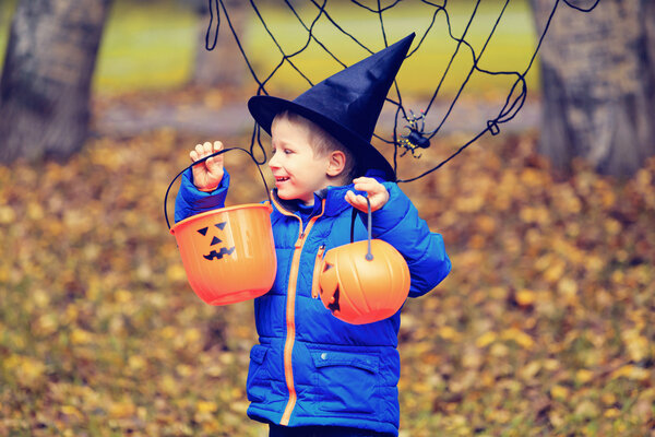 little boy in halloween costume at autumn park