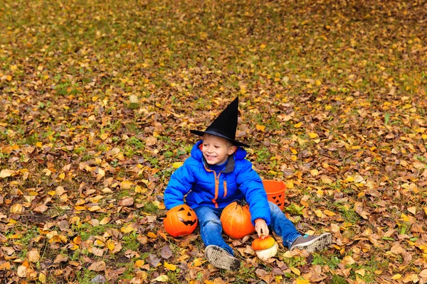 Küçük çocuk sonbahar Park halloween kılık — Stok fotoğraf