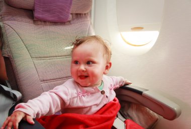 little girl travelling by plane