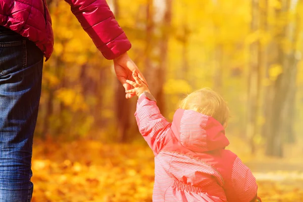 Madre e hija pequeña cogidas de la mano en otoño — Foto de Stock