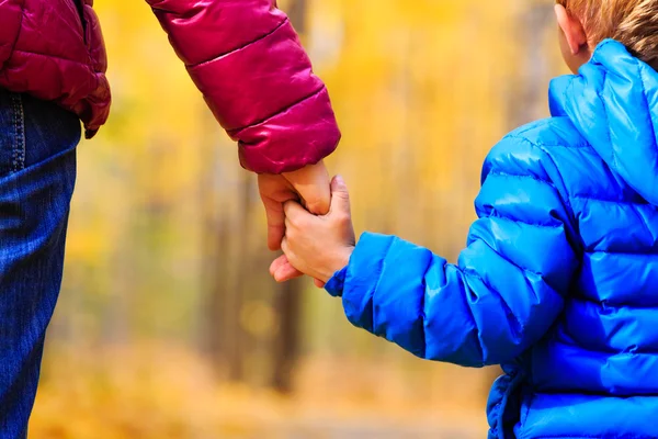 Mutter und kleiner Sohn halten im Herbst Händchen — Stockfoto