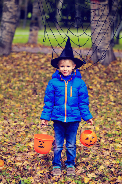 little boy in halloween costume at autumn park
