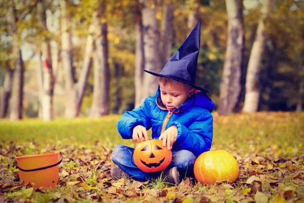 Niño en traje de Halloween en el parque de otoño —  Fotos de Stock